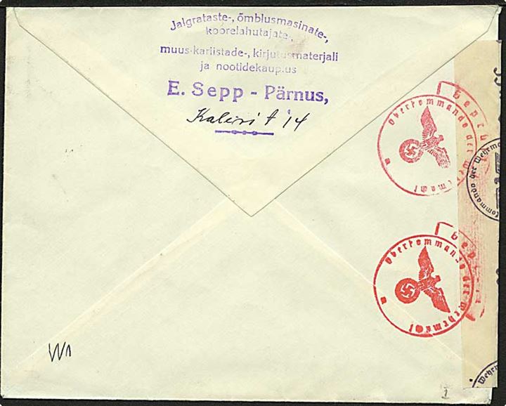 12 pfg. Ostland udg. på brev stemplet Pernau / Deutsche Dienstpost Ostland d. 18.2.1942 til Saalfeld, Tyskland. Åbnet af tysk censur i Königsberg.