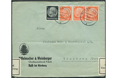 1 pfg. og 8 pfg. (3) Hindenburg på brev fra Roth (b. Nürnberg) d. 12.10.1939 til Tönsberg, Norge. Åbnet af tysk toldkontrol i Berlin.