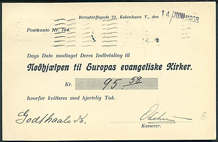 4 øre Bølgelinie med perfin I.M.D. på lokalt tryksags-kort fra Indre Mission i København d. 14.6.1938.