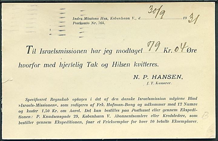 4 øre Bølgelinie med perfin I.M.D. på lokalt tryksags-kort fra Indre Mission i København d. 30.9.1931.