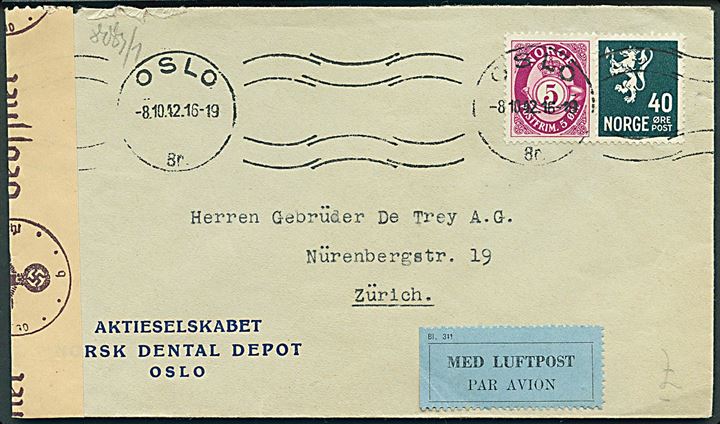 5 øre Posthorn og 40 øre Løve på luftpostbrev fra Oslo d. 8.10.1942 til Zürich, Schweiz. Åbnet af tysk censur i Berlin.