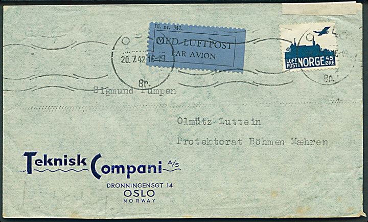 45 øre Luftpost på luftpostbrev fra Oslo d. 20.7.1942 til Olmütz, Böhmen-Mähren. Åbnet af tysk censur i Berlin.