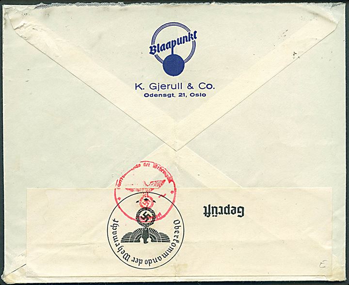 45 øre Luftpost single på luftpostbrev fra Oslo d. 26.9.1940 til Wien, Tyskland. Åbnet af tysk censur i Berlin.