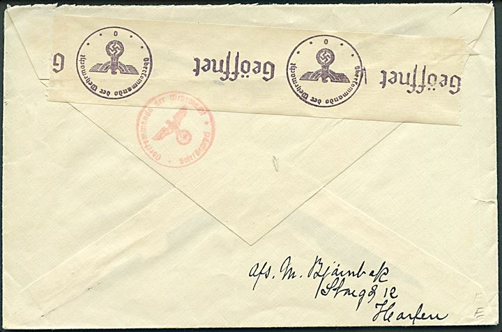 20 øre V Provisorium på brev annulleret med maskinstempel V/Oslo d. 21.8.1941 til København. Åbnet af tysk censur i Oslo.