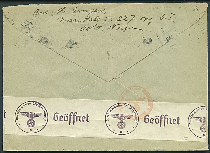 20 øre Løve på brev annulleret med maskinstempel V/Oslo d. 4.10.1941 til Vejle, Danmark. Åbnet af tysk censur i Oslo.