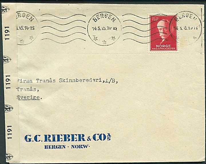 20+10 øre Nansen på brev fra Bergen d. 14.5.1945 til Tranås, Sverige. Åbnet af norsk efterkrigscensur no. 1191.
