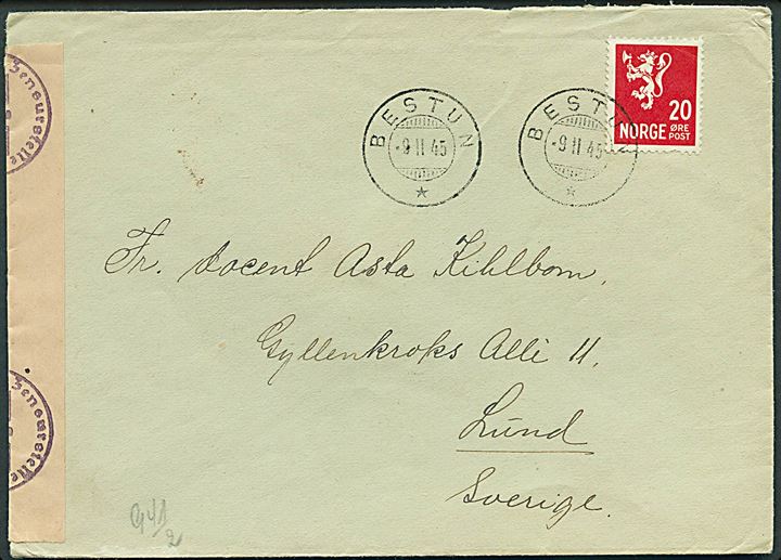 20 øre Løve på brev fra Bestun d. 9.2.1945 til Lund, Sverige. Åbnet af tysk censur i Oslo.