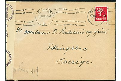20 øre Løve på brev fra Oslo d. 31.10.1944 til Fellingsbro, Sverige. Åbnet af tysk censur i Oslo.
