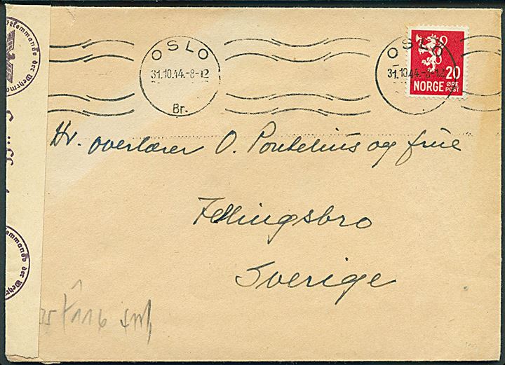 20 øre Løve på brev fra Oslo d. 31.10.1944 til Fellingsbro, Sverige. Åbnet af tysk censur i Oslo.