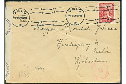 20 øre Sturlason på brev fra Oslo d. 28.9.1942 til København, Danmark. Åbnet af tysk censur i Oslo.