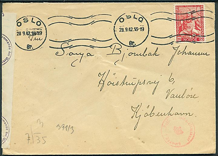 20 øre Sturlason på brev fra Oslo d. 28.9.1942 til København, Danmark. Åbnet af tysk censur i Oslo.