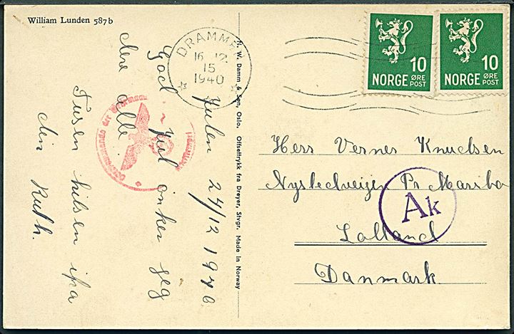 10 øre Løve (2) på brevkort fra Drammen d. 16.12.1940 til Maribo, Danmark. Passér stemplet af den tyske censur i Hamburg (?) og København.