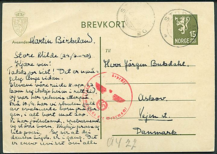 15 øre helsagsbrevkort fra Store Milde d. 24.6.1940 til Vejen, Danmark. Passér stemplet ved den tyske censur i Hamburg.