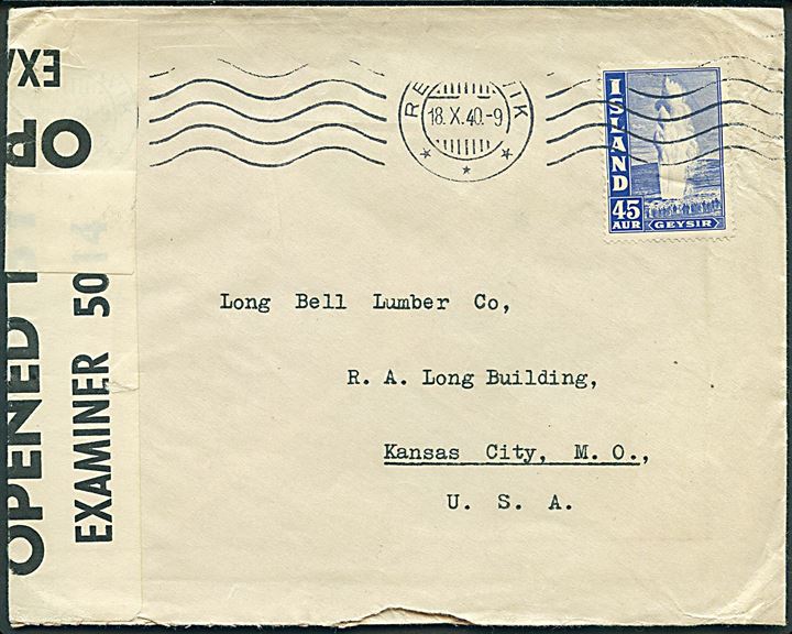 45 aur Geysir på brev fra Reykjavik d. 18.10.1940 til Kansas City, USA. Åbnet af britisk censur PC90/5014.