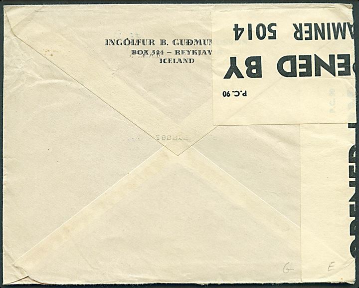 45 aur Geysir på brev fra Reykjavik d. 18.10.1940 til Kansas City, USA. Åbnet af britisk censur PC90/5014.