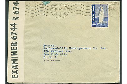 45 aur Geysir på brev fra Reykjavik d. 17.9.1941 til New York, USA. Åbnet af britisk censur PC90/6744.