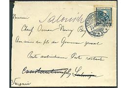 20 øre Chr. IX på brev fra Kjøbenhavn d. 23.7.1906 til poste restante i Saloniki - eftersendt til Constantinopel og igen tilbage til Saloniki. På bagsiden stempler fra det østrigske postkontor i Saloniki.