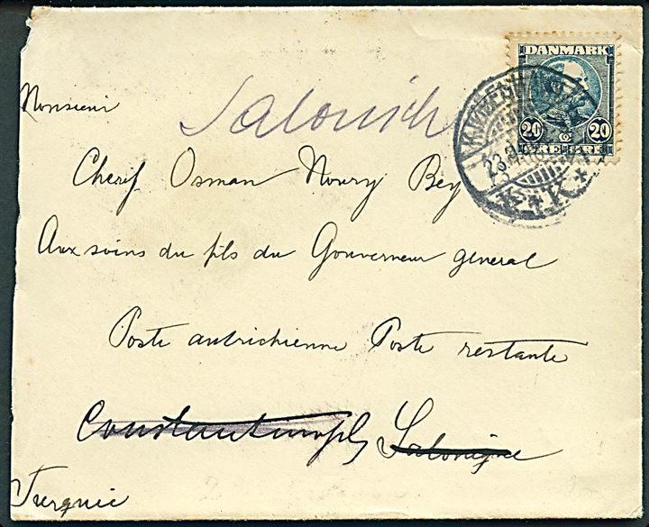 20 øre Chr. IX på brev fra Kjøbenhavn d. 23.7.1906 til poste restante i Saloniki - eftersendt til Constantinopel og igen tilbage til Saloniki. På bagsiden stempler fra det østrigske postkontor i Saloniki.