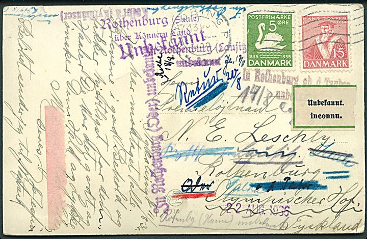 5 øre H. C. Andersen og 15 øre Tavsen på brevkort fra Nykøbing F. d. 11.8.1936 til Rothenburg, Tyskland. Eftersendt og omadresseret flere gange med diverse stempler. Endvidere påsat 2-sproget tysk etiket Unbekannt.