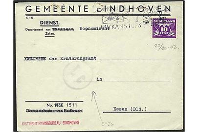 10 c. single på tjenestebrev fra Eindhoven d. 23.10.1942 til Essen, Tyskland. Sort Lc stempel fra Auslandleitstelle Köln.