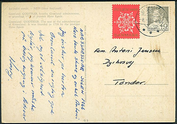 40 øre Fr. IX og dansk Julemærke 1966 på brevkort (Godthåb i sne) fra Narssarssuaq d. 8.12.1966 til Tønder, Danmark.