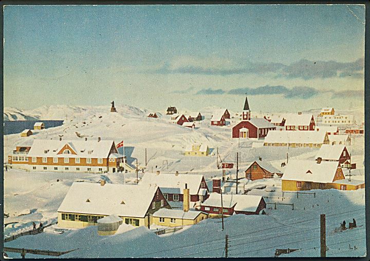 40 øre Fr. IX og dansk Julemærke 1966 på brevkort (Godthåb i sne) fra Narssarssuaq d. 8.12.1966 til Tønder, Danmark.