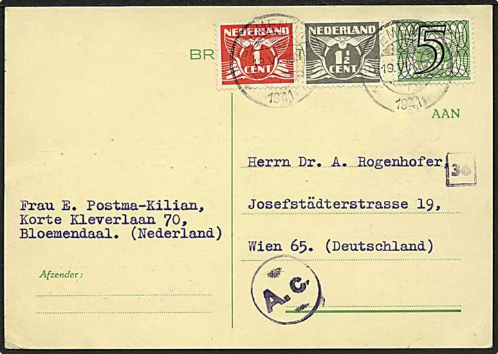 7½ c. blandingsfrankeret brevkort fra Bloemendaal d. 19.6.1941 til Wien, Tyskland. Passér stemplet Ac ved den tyske censur i Köln.