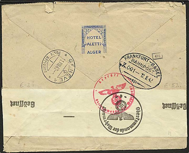 Algier. 1,25 fr. (4) på underfrankeret luftpostbrev fra Alger d. 1.5.1942 via Geneve, Frankfurt-Basel til København, Danmark. Åbnet af tysk censur i Frankfurt.