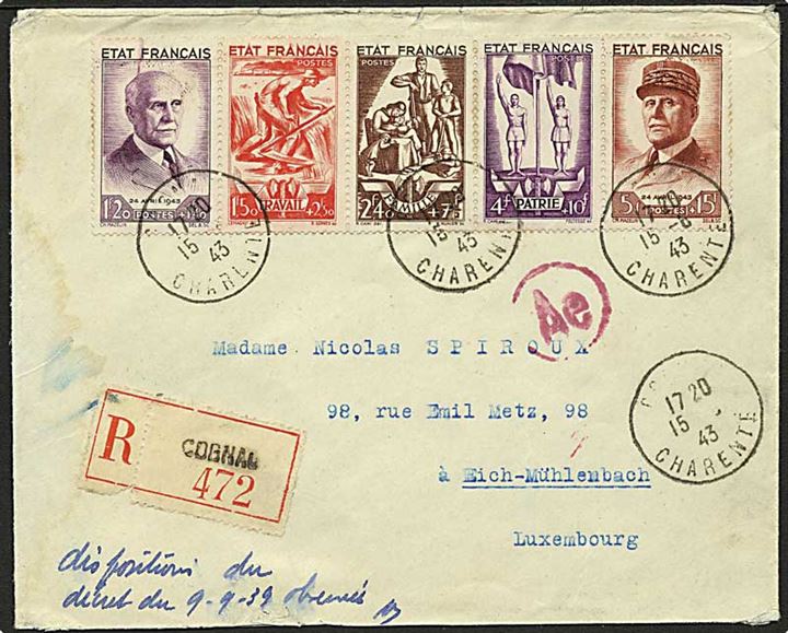 Pétain fødselsdags-udg. i 5-stribe på anbefalet brev fra Cognac d. 15.6.1943 til Eich-Mühlenbach, Luxembourg. Passér stemplet ved den tyske censur i Frankfurt. 