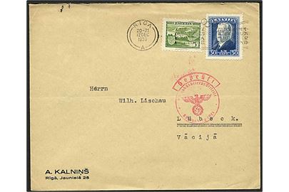 35 s. blandingafrankeret brev fra Riga d. 12.12.1939 til Lübeck. Tyskland. Passér stemplet Geprüft / Auslandsbriefprüfstelle Königsberg (Pr.).