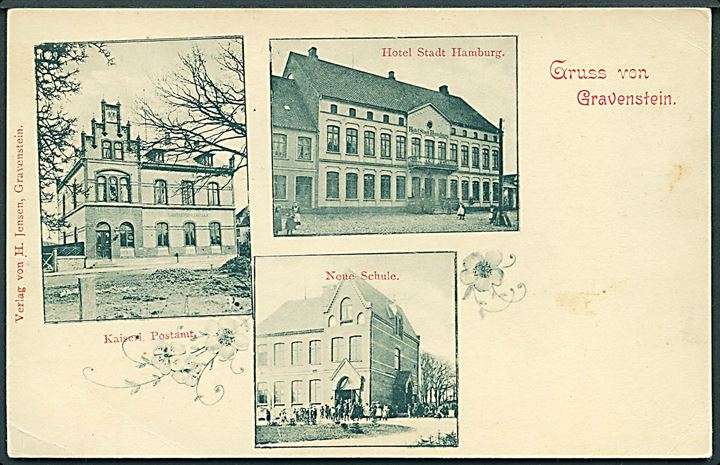 Gruss von Gravenstein. Hotel Stadt Hamburg, Neue Schule, Kaiserl. Postamt. H. Jensen u/no. 