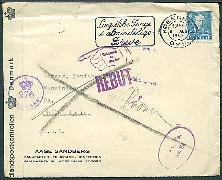 40 øre Chr. X på brev fra København d. 9.8.1945 til Kensington, USA. Retur som ubekendt med flere stempler. Åbnet af dansk efterkrigscensur (krone)/276/Danmark. Rift.