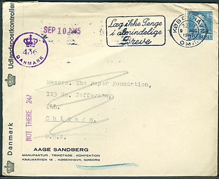 40 øre Chr. X på brev fra København d. 9.8.1945 til Chicago, USA. Retur som ubekendt med flere stempler. Åbnet af dansk efterkrigscensur (krone)/436/Danmark. Fold.