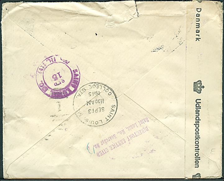 40 øre Chr. X på brev fra København d. 9.8.1945 til St. Louis, USA. Retur som ubekendt med flere stempler. Åbnet af dansk efterkrigscensur (krone)/499/Danmark. Rift.
