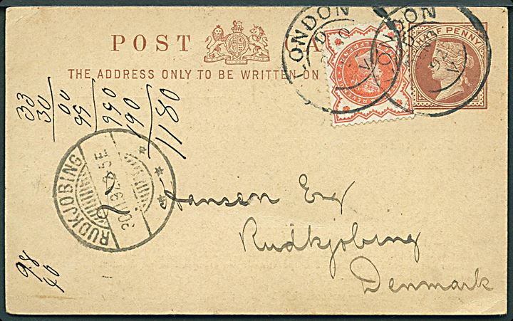½d Victoria helsagsbrevkort opfrankeret med ½d Victoria fra London d. 28.11.1892 til Rudkjøbing, Danmark.