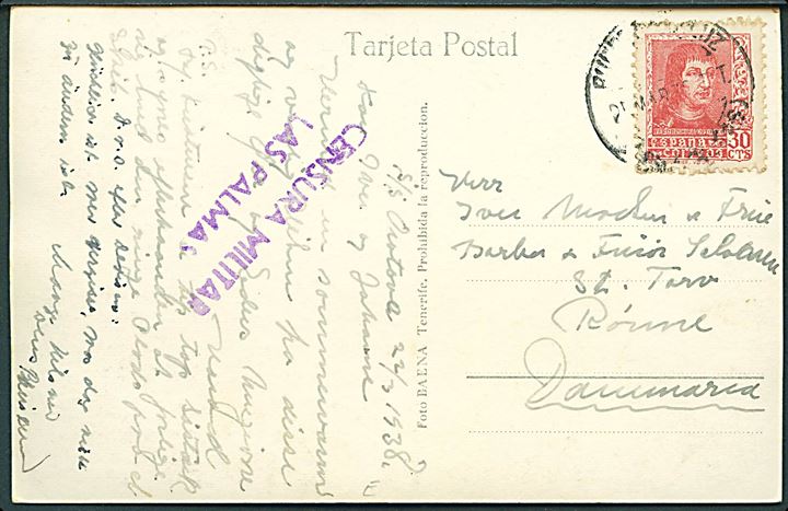 30 cts. på brevkort dateret S/S Orotova annulleret Puerto de la Luz (Las Palmas) d. 24.3.1938 til Rønne, Danmark. Lokal spansk censur fra Las Palmas.