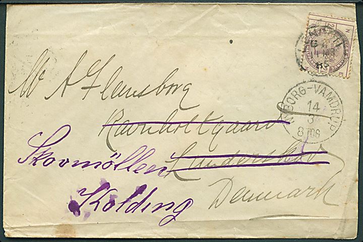 2½d Victoria med perfin G. B. på kuvert med prægetryk fra firma G. Bowles i London d. 11.3.1885 til Lunderskov, Danmark - eftersendt til Kolding med lapidar bureaustempel Nyborg - Vamdrup d. 14.3.1885
