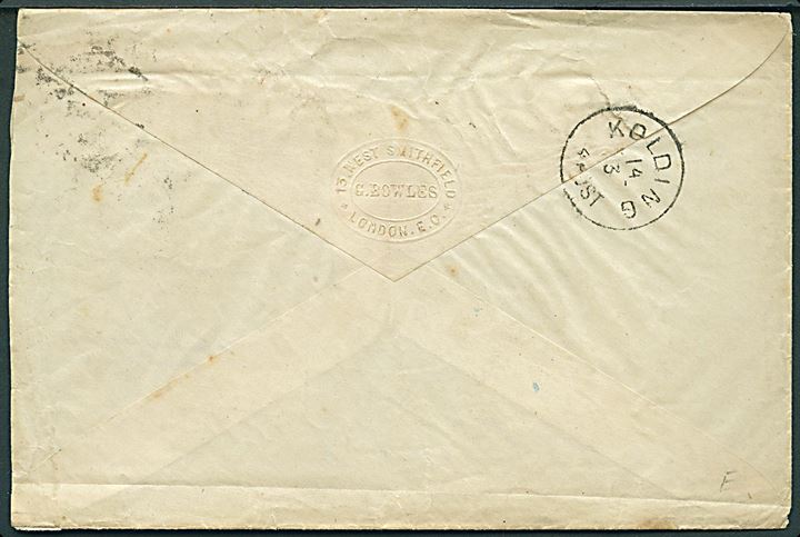 2½d Victoria med perfin G. B. på kuvert med prægetryk fra firma G. Bowles i London d. 11.3.1885 til Lunderskov, Danmark - eftersendt til Kolding med lapidar bureaustempel Nyborg - Vamdrup d. 14.3.1885