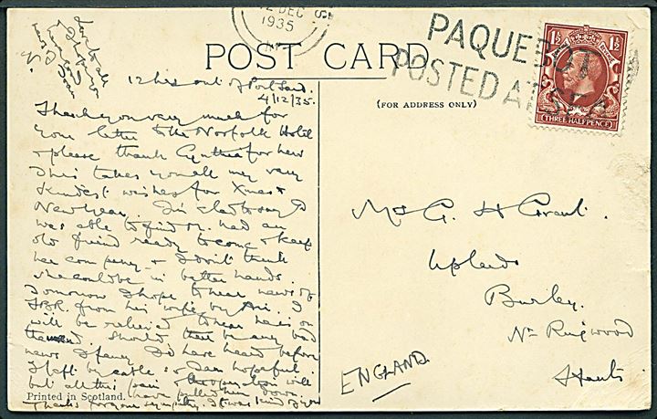 1½d George V på brevkort (Anchor Line S/S Britannia) dateret ved Port Said og annulleret med skibsstempel fra London F.S. / Paquebot Posted at Sea d. 12.12.1935 til England.