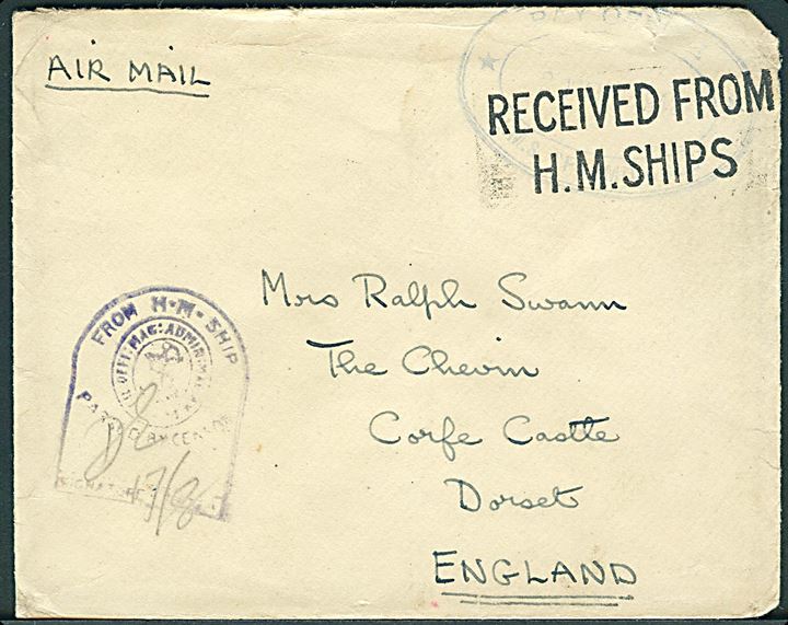 Ufrankeret flådepost luftpostbrev med ovalt stempel Pay Master / HMS Formidable / 21.4.1942 og Received from H.M.Ships til England. Violet flådecensur. H.M.S. Formidable var et britisk hangarskib i det Indiske Ocean.
