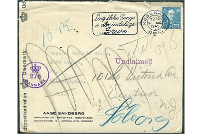 40 øre Chr. X på brev fra København d. 9.8.1945 til Philadelphia, USA. Retur som ubekendt med flere stempler. Åbnet af dansk efterkrigscensur (krone)/276/Danmark.