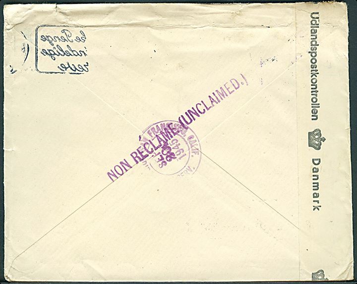 40 øre Chr. X på brev fra København d. 9.8.1945 til San Francisco, USA. Retur som ubekendt med flere stempler. Åbnet af dansk efterkrigscensur (krone)/507/Danmark.