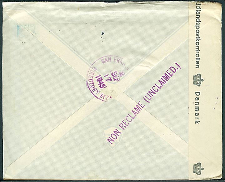 40 øre Chr. X på brev fra København d. 9.8.1945 til San Francisco, USA. Retur som ubekendt med flere stempler. Åbnet af dansk efterkrigscensur (krone)/249/Danmark.