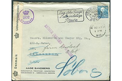 40 øre Chr. X på brev fra København d. 9.8.1945 til Milwaukee, USA. Retur som ubekendt med flere stempler. Åbnet af dansk efterkrigscensur (krone)/202/Danmark.