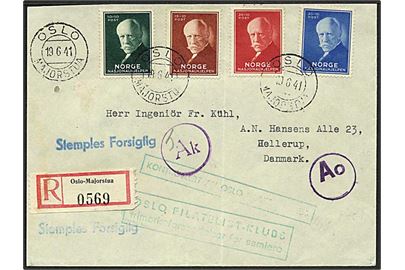 Komplet sæt Nansen II på anbefalet brev fra Oslo d. 19.6.1941 til Hellerup, Danmark. Rammestempel: Kontrolleret av Oslo Filatelistklub. Passér stemplet ved den tyske censur i både Oslo og København.