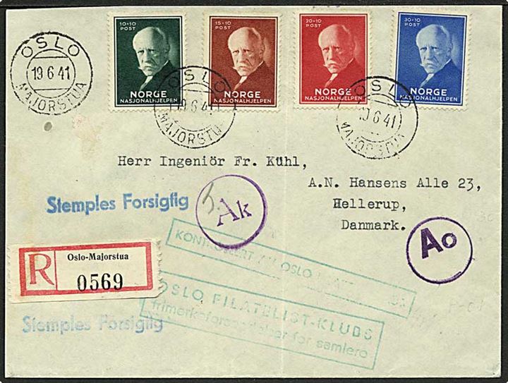 Komplet sæt Nansen II på anbefalet brev fra Oslo d. 19.6.1941 til Hellerup, Danmark. Rammestempel: Kontrolleret av Oslo Filatelistklub. Passér stemplet ved den tyske censur i både Oslo og København.