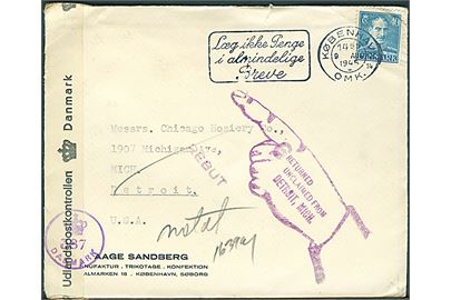 40 øre Chr. X på brev fra København d. 9.8.1945 til Detroit, USA. Retur som ubekendt med flere stempler. Åbnet af dansk efterkrigscensur (krone)/387/Danmark.
