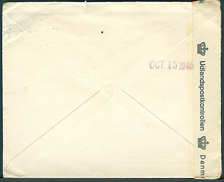 40 øre Chr. X på brev fra København d. 9.8.1945 til Detroit, USA. Retur som ubekendt med flere stempler. Åbnet af dansk efterkrigscensur (krone)/387/Danmark.