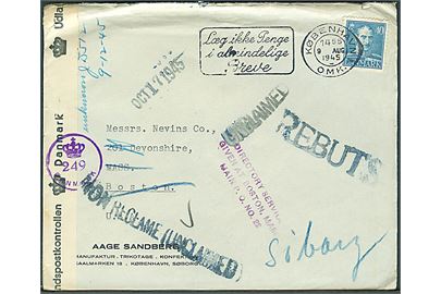 40 øre Chr. X på brev fra København d. 9.8.1945 til Boston, USA. Retur som ubekendt med flere stempler. Åbnet af dansk efterkrigscensur (krone)/249/Danmark.