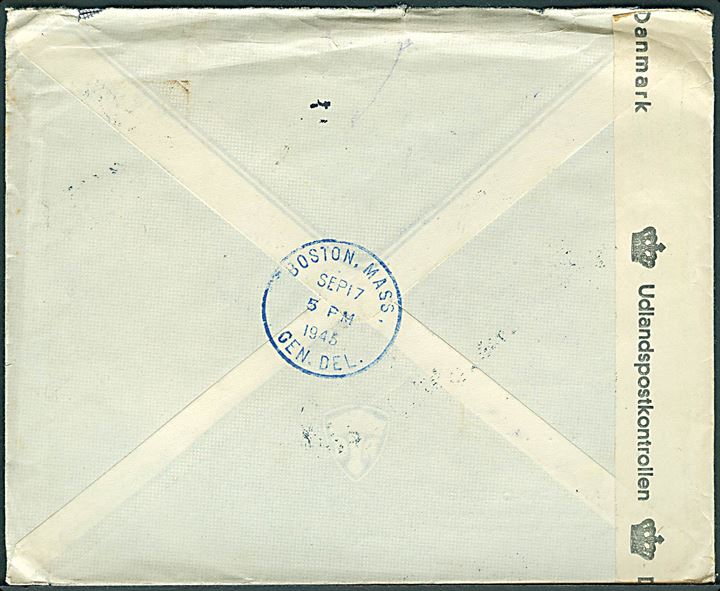 40 øre Chr. X på brev fra København d. 9.8.1945 til Boston, USA. Retur som ubekendt med flere stempler. Åbnet af dansk efterkrigscensur (krone)/249/Danmark.